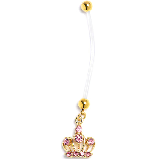 Pink CZ Gem Bioplast PTFE Epic Crown Dangle Pregnancy Belly Ring