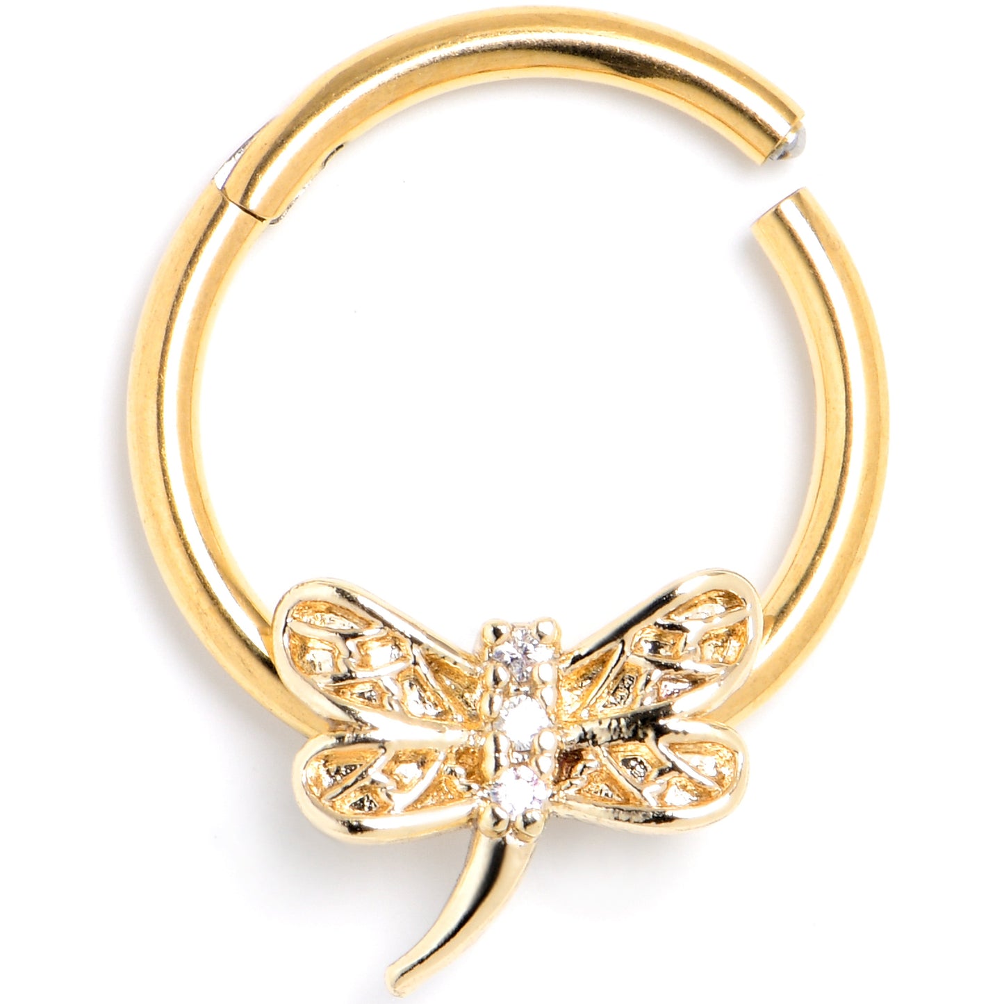 16G 3/8 Clear Gem Gold Tone Dragonfly Deluxe Hinged Segment Ring
