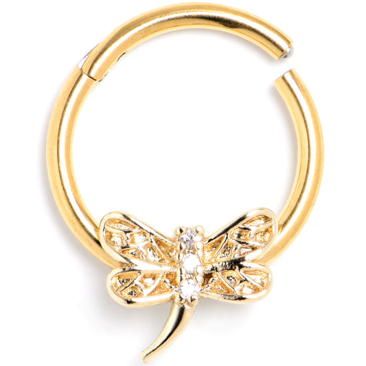 16G 3/8 Clear Gem Gold Tone Dragonfly Deluxe Hinged Segment Ring