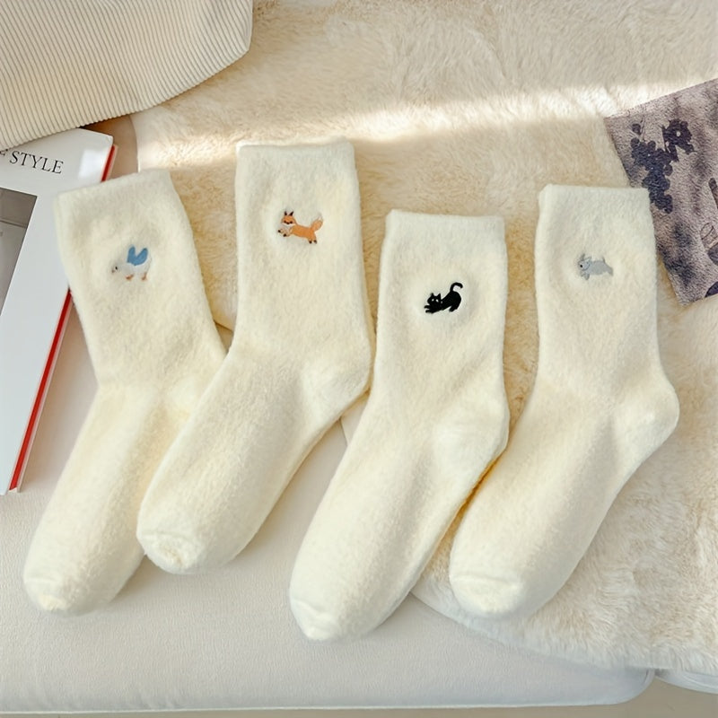 4pcs Cozy Fleece-Lined Women's Socks - Cute Animal Embroidery, Thick & Warm Mid-Calf Winter Home Socks