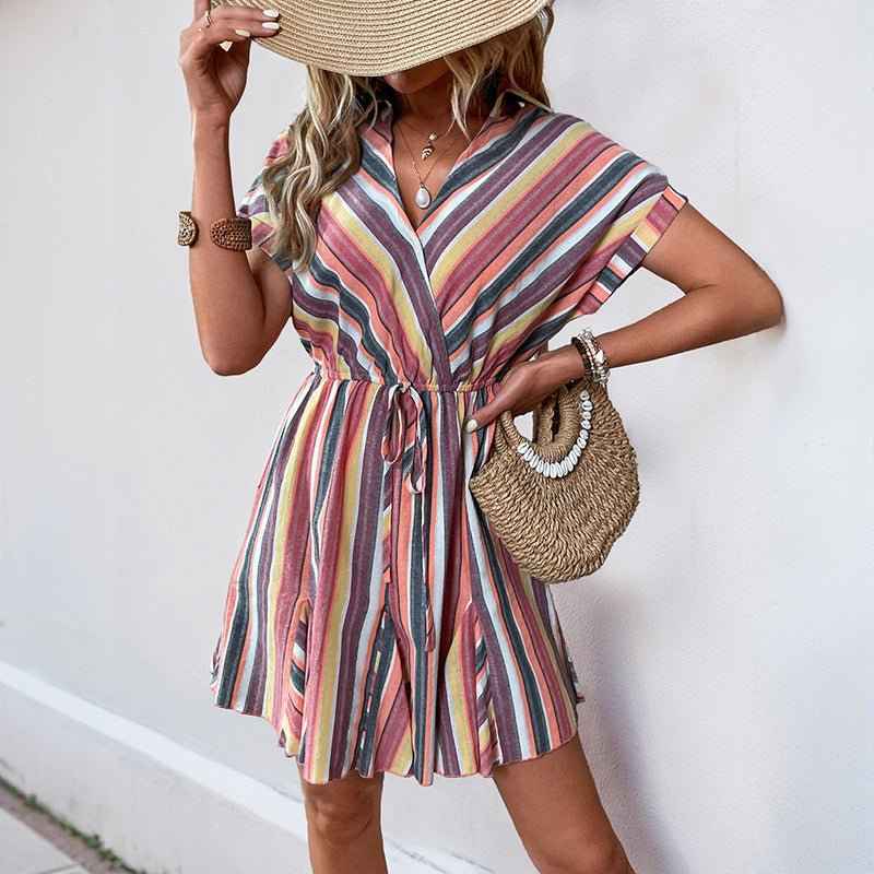 European Ruffle Striped Dress