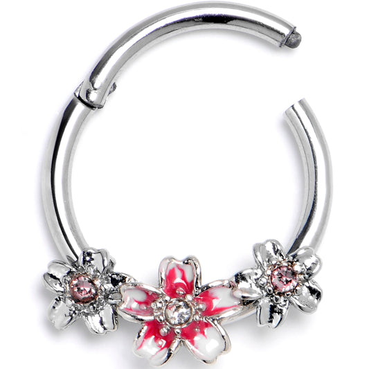 16G 3/8 Pink Clear Gem Perfect Flowers Hinged Segment Ring