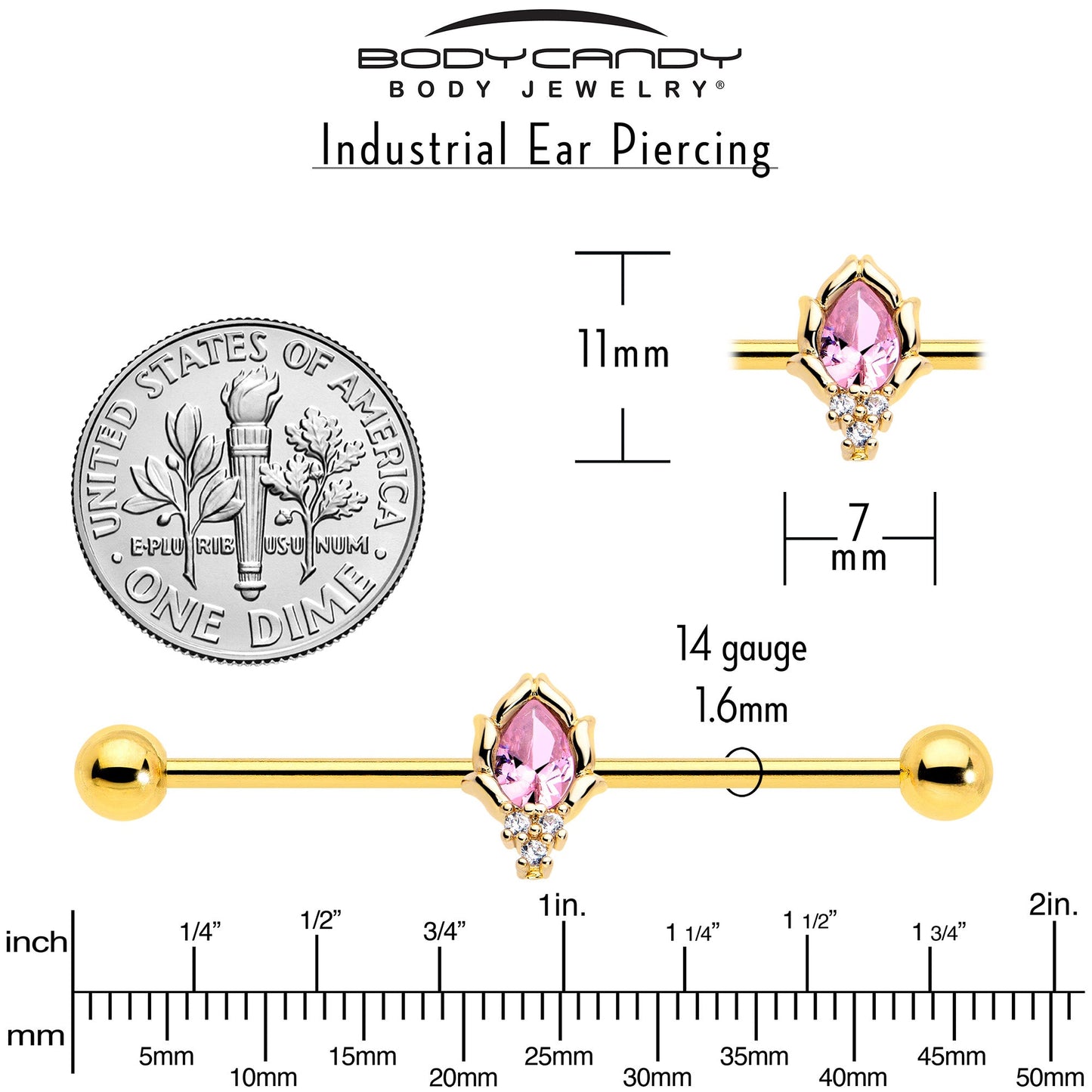 14G Pink CZ Gem Gold Tone Style Fire Industrial Barbell 38mm