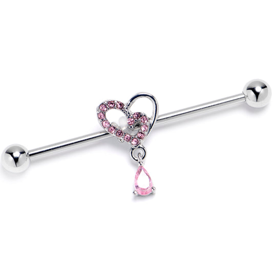 14G Pink CZ Gem Asymmetrical Heart Dangle Industrial Barbell 38mm