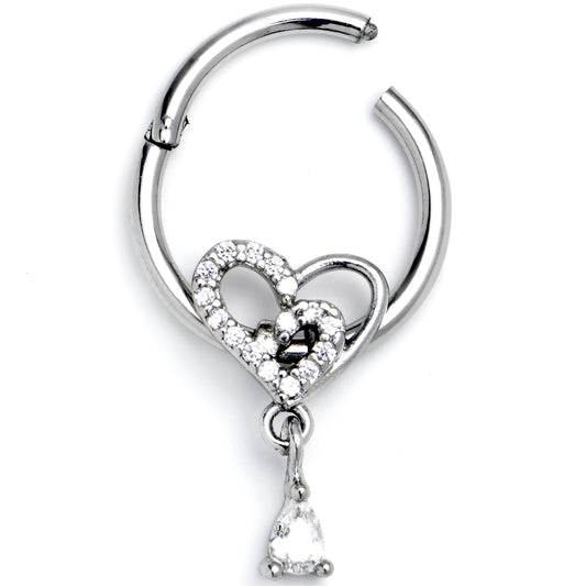 16G 3/8 Clear CZ Gem Asymmetrical Heart Dangle Hinged Segment Ring