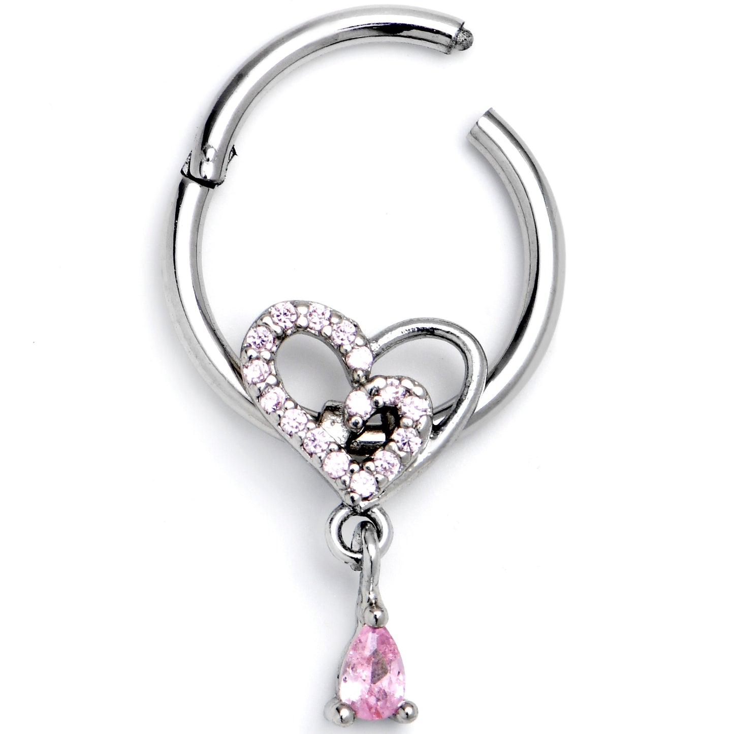 16G 3/8 Pink CZ Gem Asymmetrical Heart Dangle Hinged Segment Ring