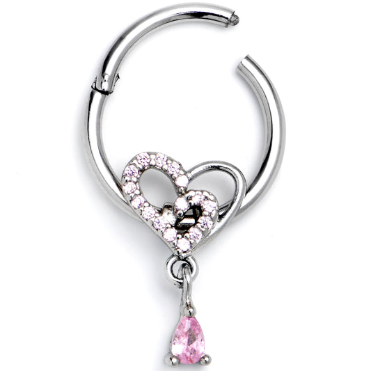 16G 3/8 Pink CZ Gem Asymmetrical Heart Dangle Hinged Segment Ring
