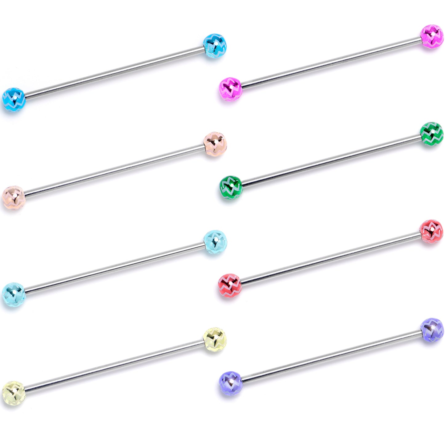 14G Zigzag Multicolor Ends Industrial Barbell 38mm Set of 8