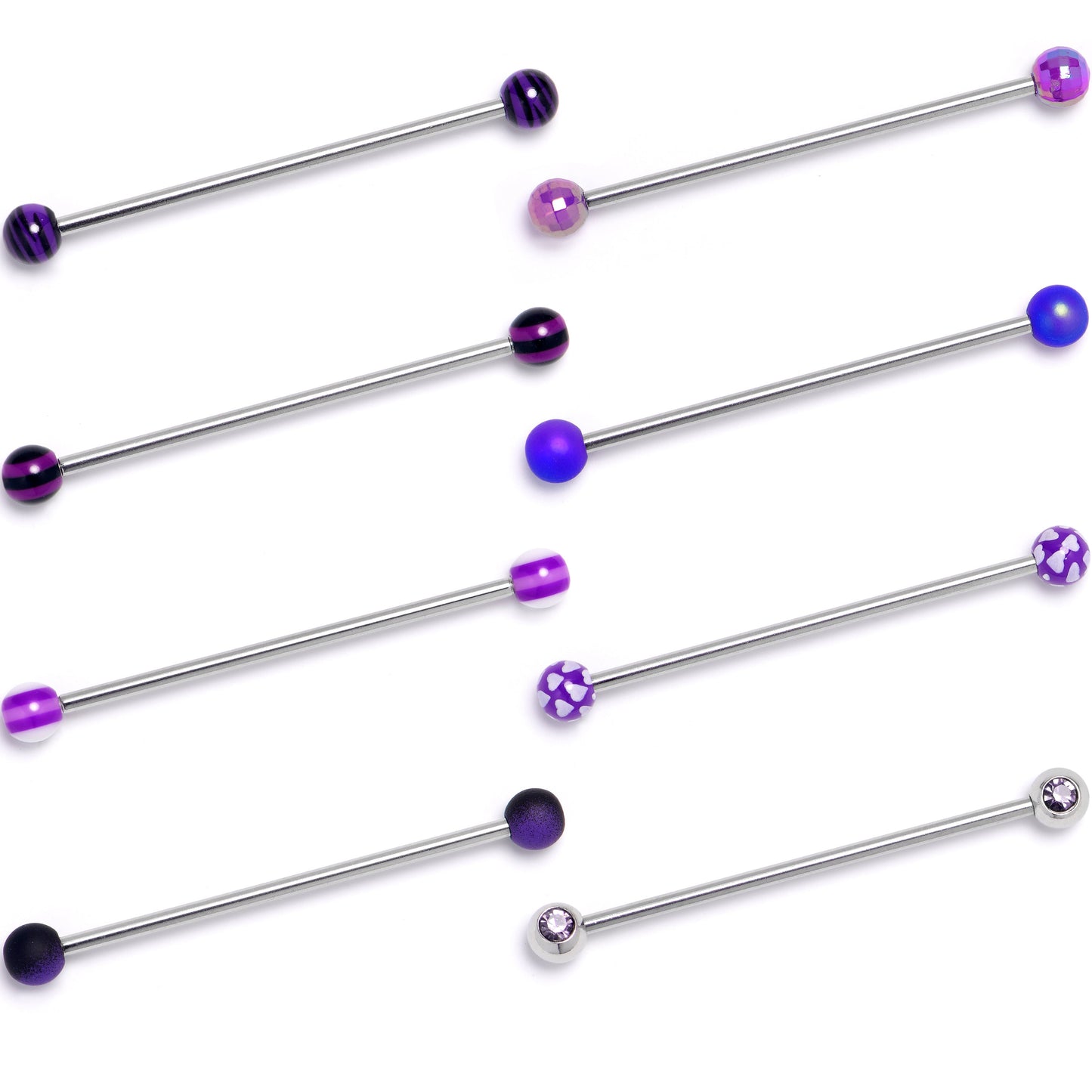 14G Purple Gem Hearts Black Blue Industrial Barbell 38mm Set of 8