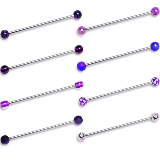 14G Purple Gem Hearts Black Blue Industrial Barbell 38mm Set of 8