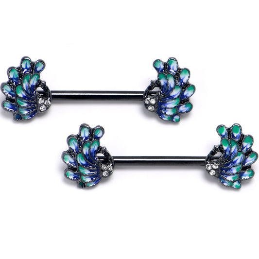 14G 9/16 Clear Gem Black Peacock Green Barbell Nipple Ring Set