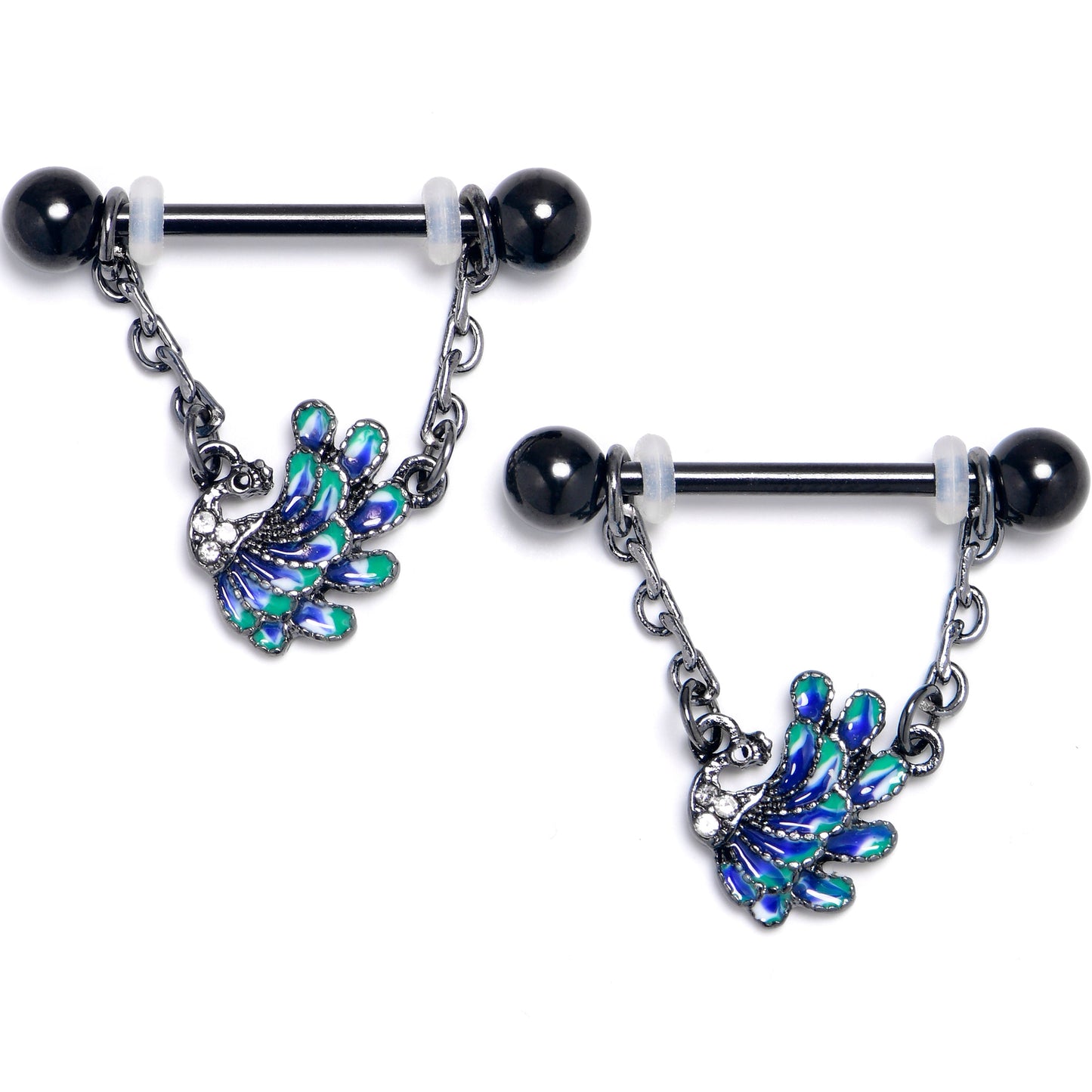 14G 9/16 Clear Gem Black Peacock Green Dangle Nipple Ring Set