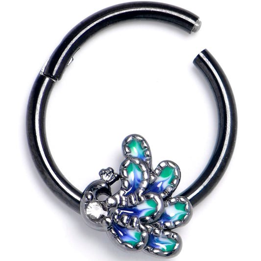 16G 3/8 Clear Gem Black Peacock Green Hinged Segment Ring