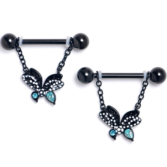 14G 9/16 Blue CZ Gem Black Night Drama Butterfly Nipple Ring Set