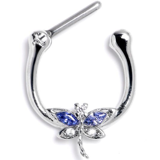 16G  5/16 Blue Clear CZ Gem Dragonfly Style Cartilage Clicker