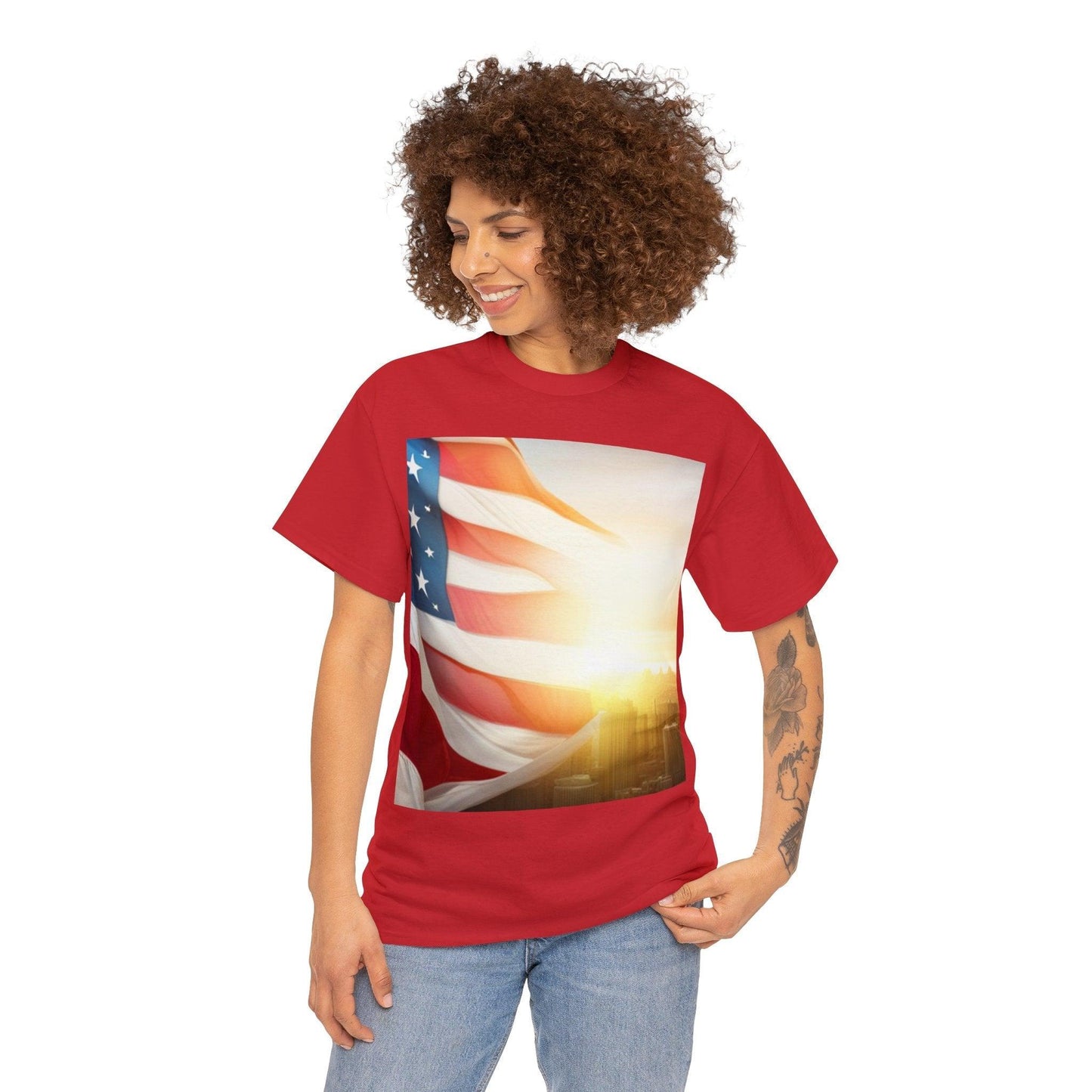 Patriot American Flag Over Gotham Unisex Heavy Cotton Tee / Red, White, and Blue Old Glory Sun T-Shirt - Lizard Vigilante