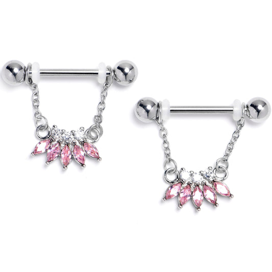 14G 9/16 Pink Gem Fashion Fan Chain Dangle Nipple Ring Set