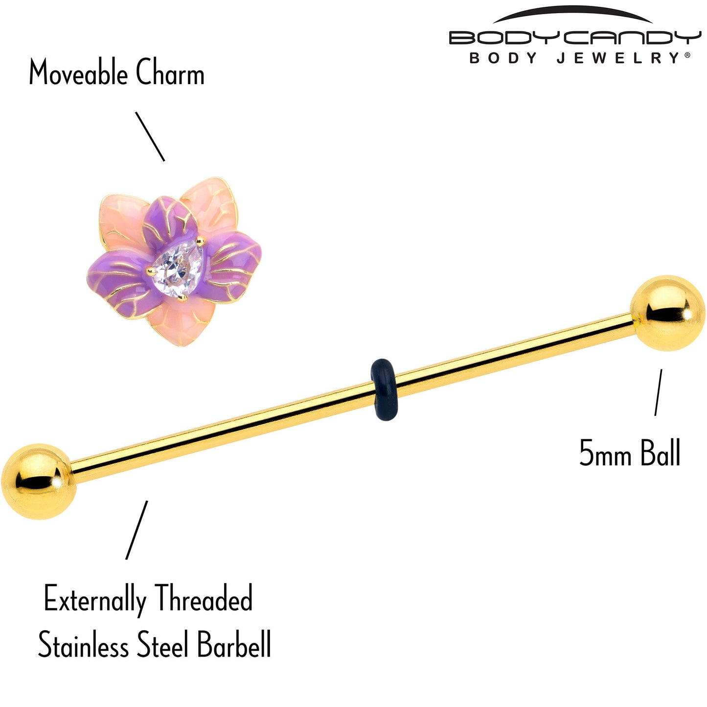 14G Clear Gem Gold Tone Pastel Flower Industrial Barbell 38mm