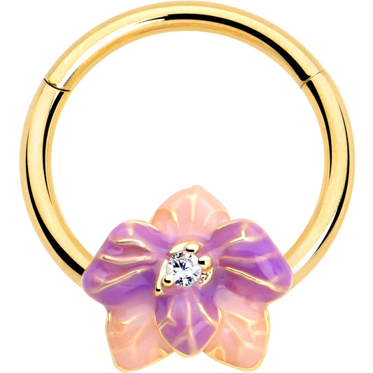 16G 3/8 Clear Gem Gold Tone Pastel Flower Hinged Segment Ring