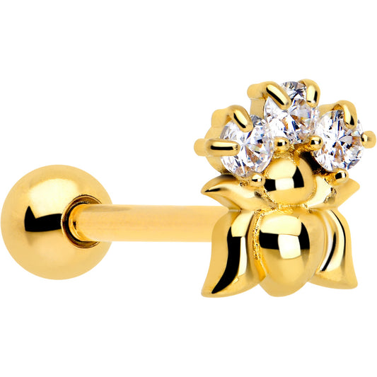 Clear CZ Gem Gold Tone Lush Lotus Flower Barbell Tongue Ring
