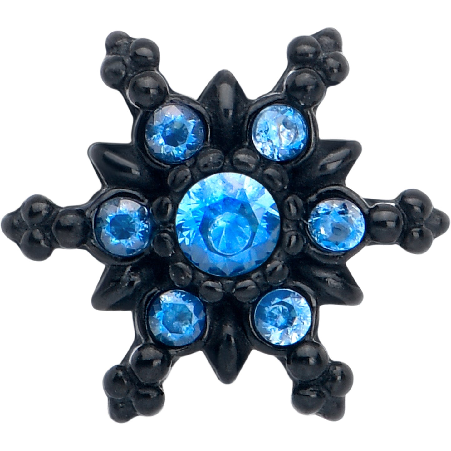 Blue CZ Gem Black Gothic Winter Holiday Snowflake Barbell Tongue Ring