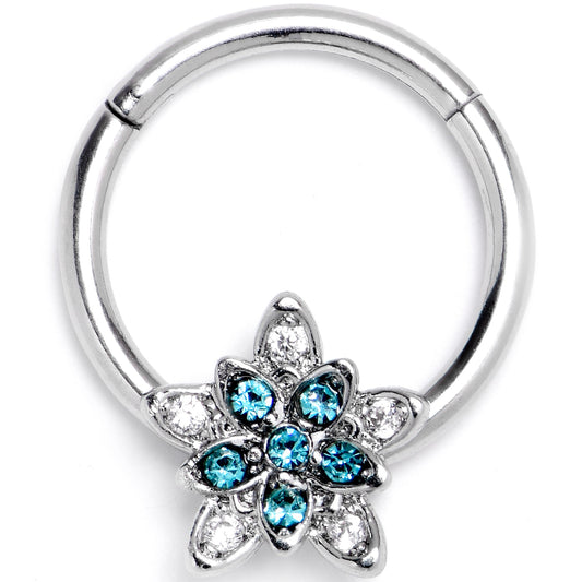 16G 3/8 Blue Clear CZ Gem Snowflake Flower Hinged Segment Ring
