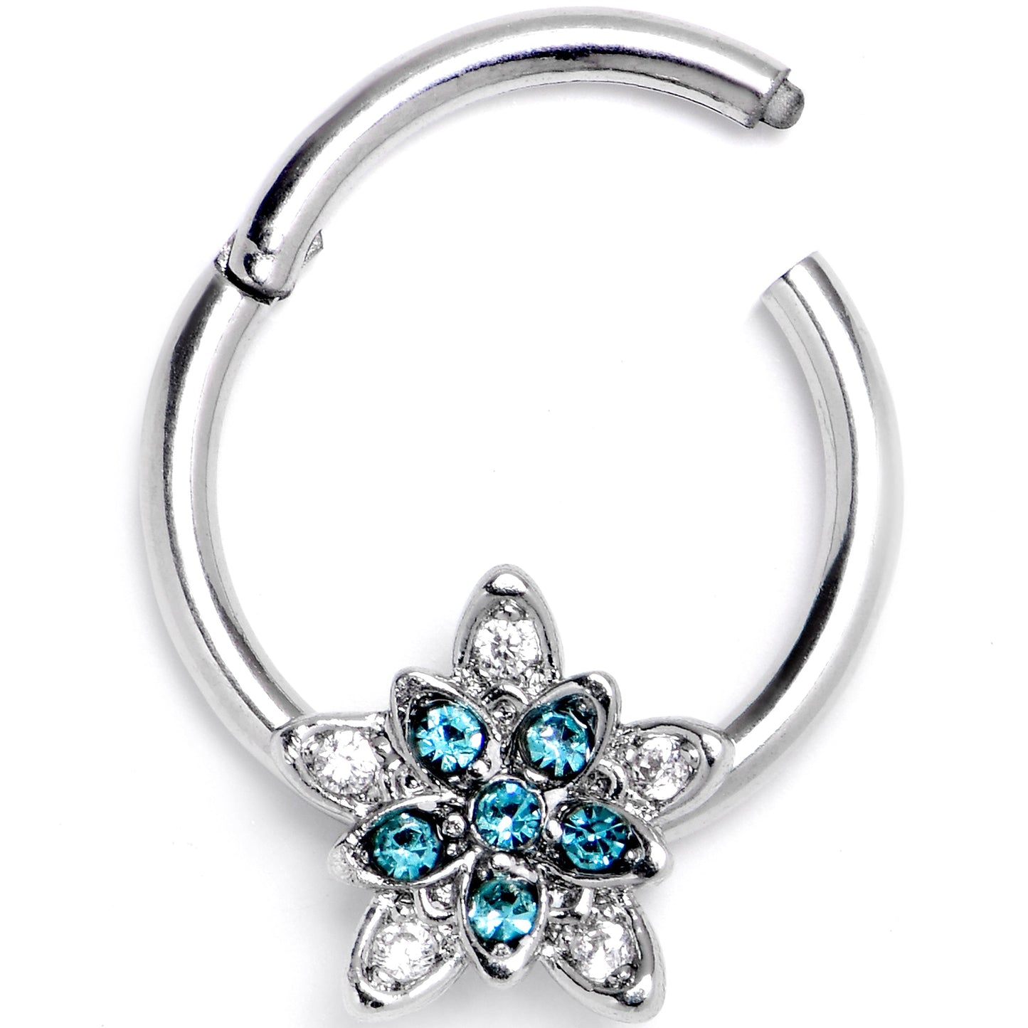16G 3/8 Blue Clear CZ Gem Snowflake Flower Hinged Segment Ring