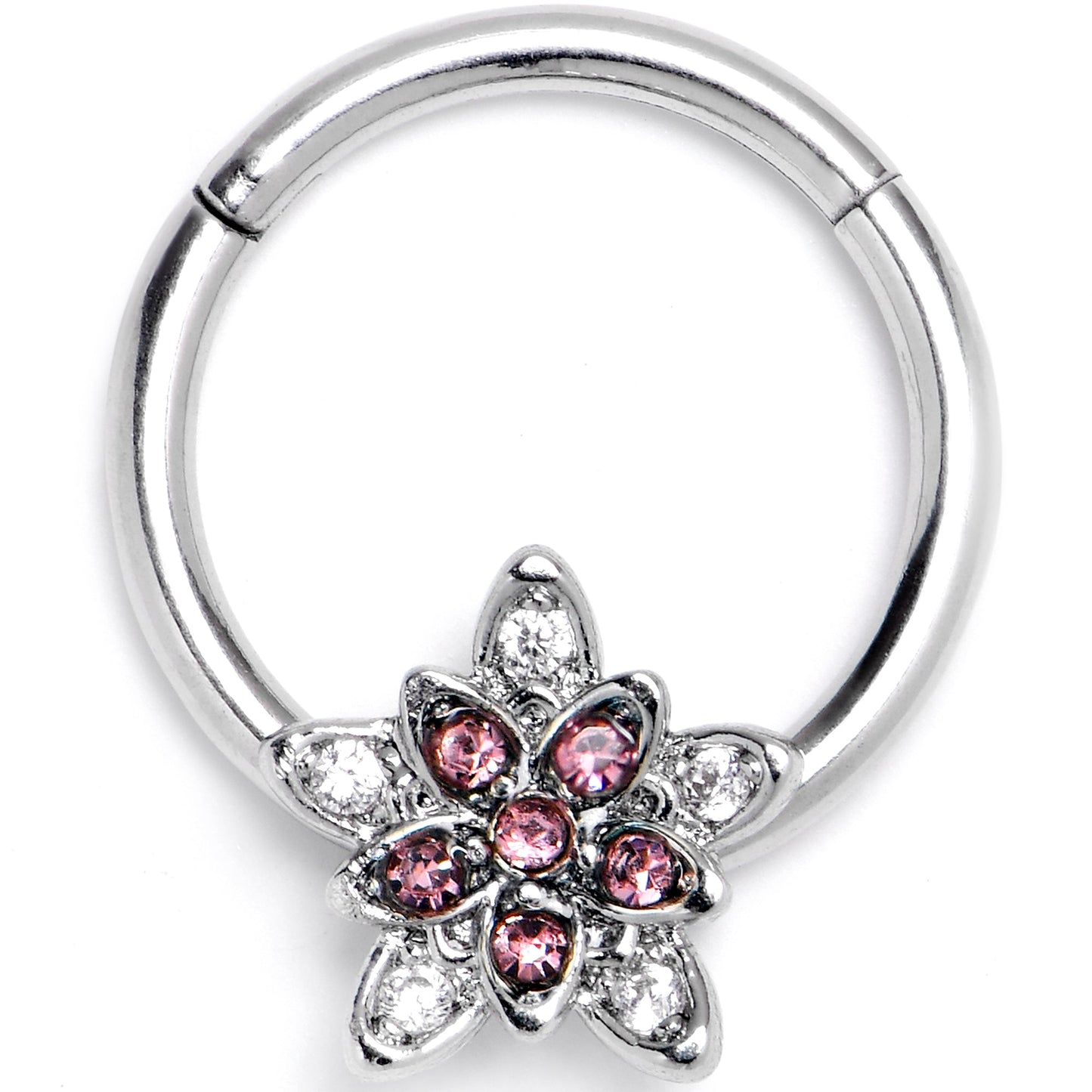 16G 3/8 Pink Clear CZ Gem Snowflake Flower Hinged Segment Ring