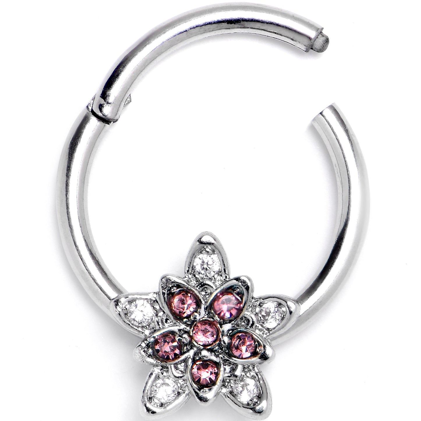 16G 3/8 Pink Clear CZ Gem Snowflake Flower Hinged Segment Ring