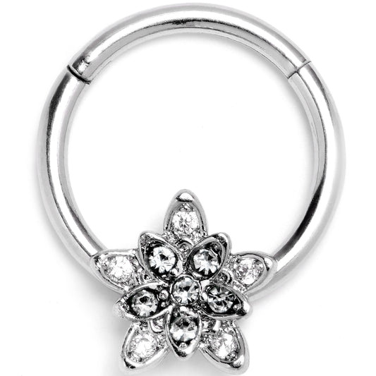 16G 3/8 Clear CZ Gem Snowflake Flower Hinged Segment Ring
