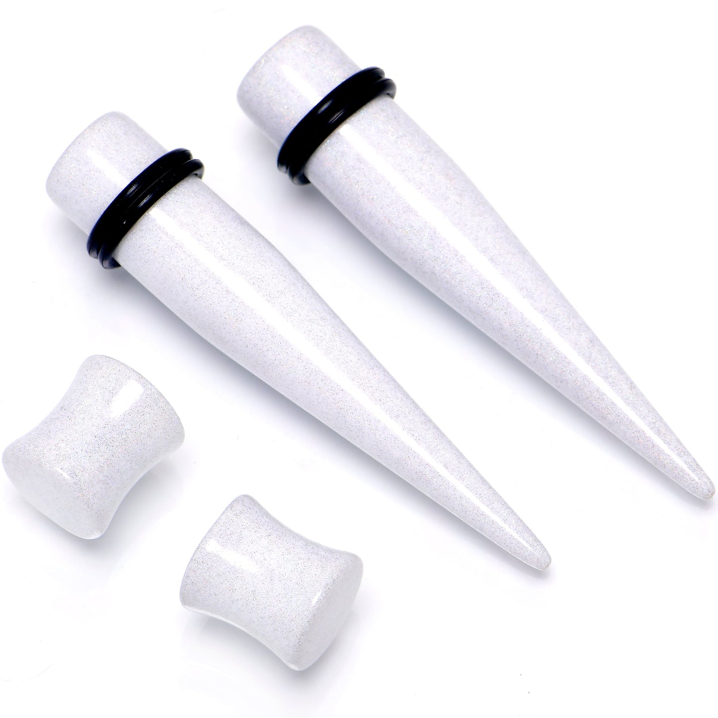 White Acrylic Shimmer Finish Taper Plug Set 6mm to 20mm Sizes