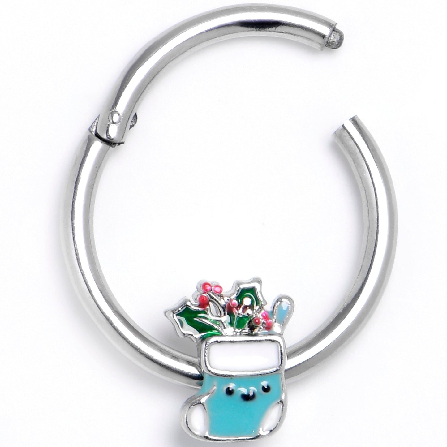 16G 3/8 Festive Blue Christmas Stocking Hinged Segment Ring