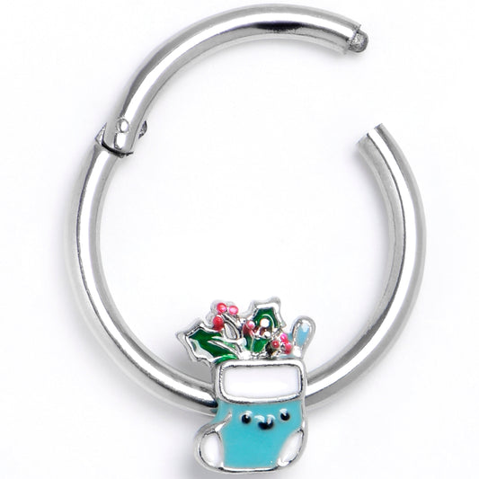 16G 3/8 Festive Blue Christmas Stocking Hinged Segment Ring