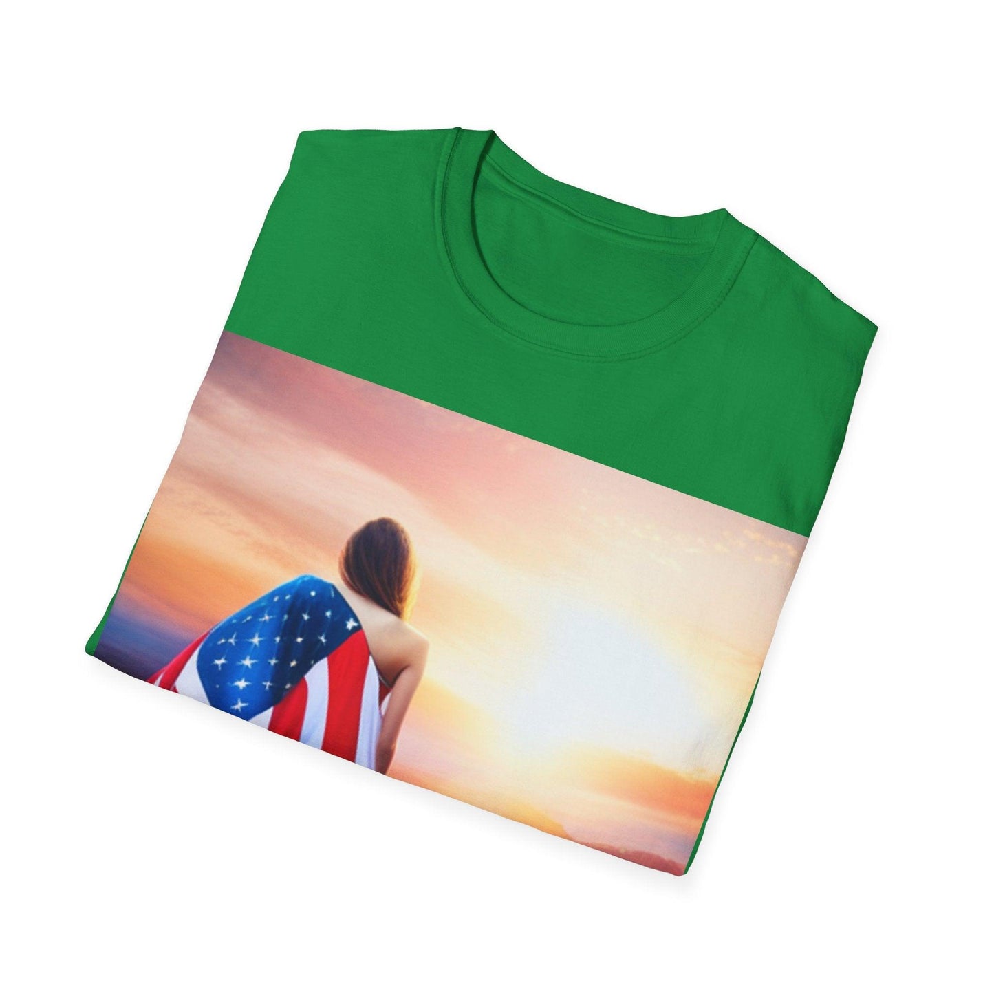 American Woman! Patriot Draped Red, White, and Blue Flag Over Shoulder Looking at Beautiful Horizon Unisex Softstyle T-Shirt - Lizard Vigilante