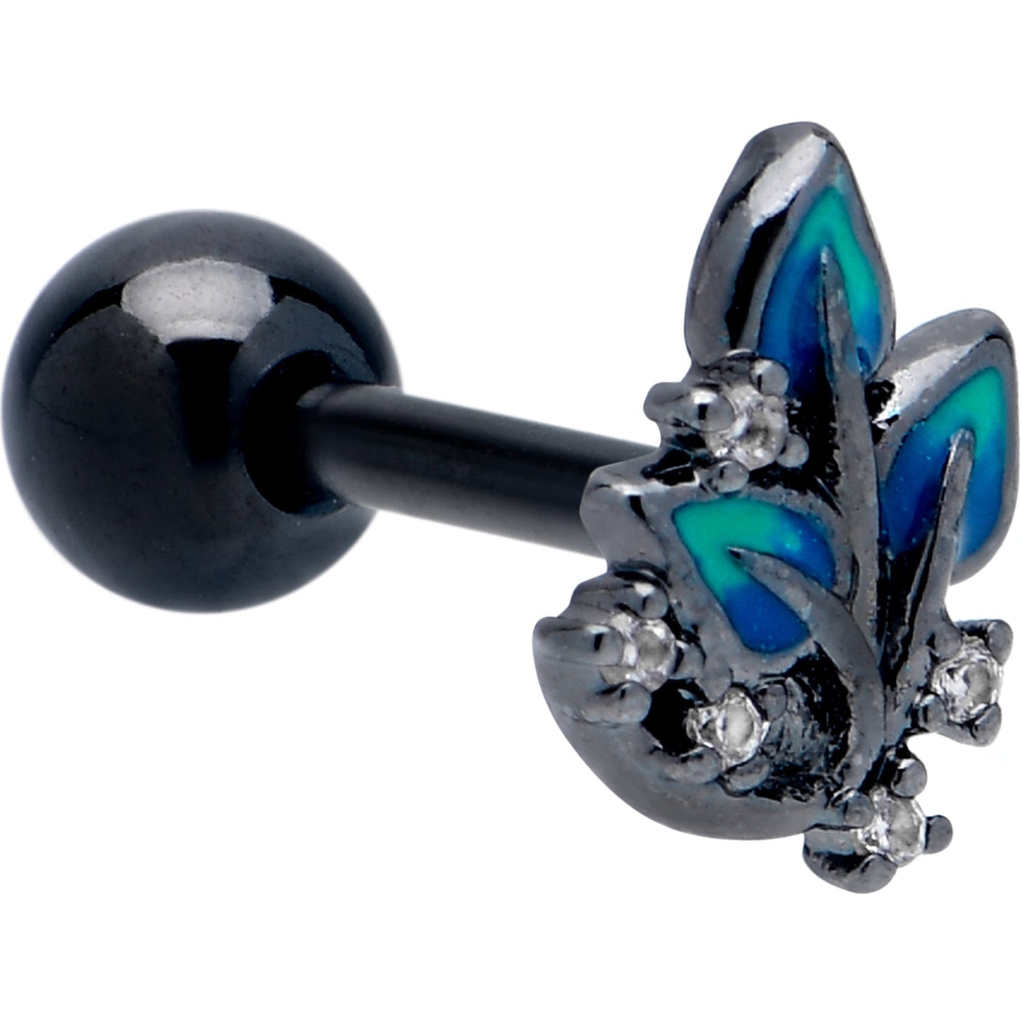 16G 1/4 Clear CZ Gem Black Lush Leaves Cartilage Tragus Earring