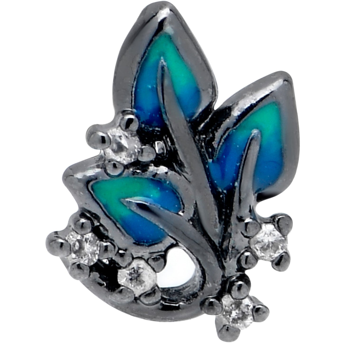 16G 1/4 Clear CZ Gem Black Lush Leaves Cartilage Tragus Earring