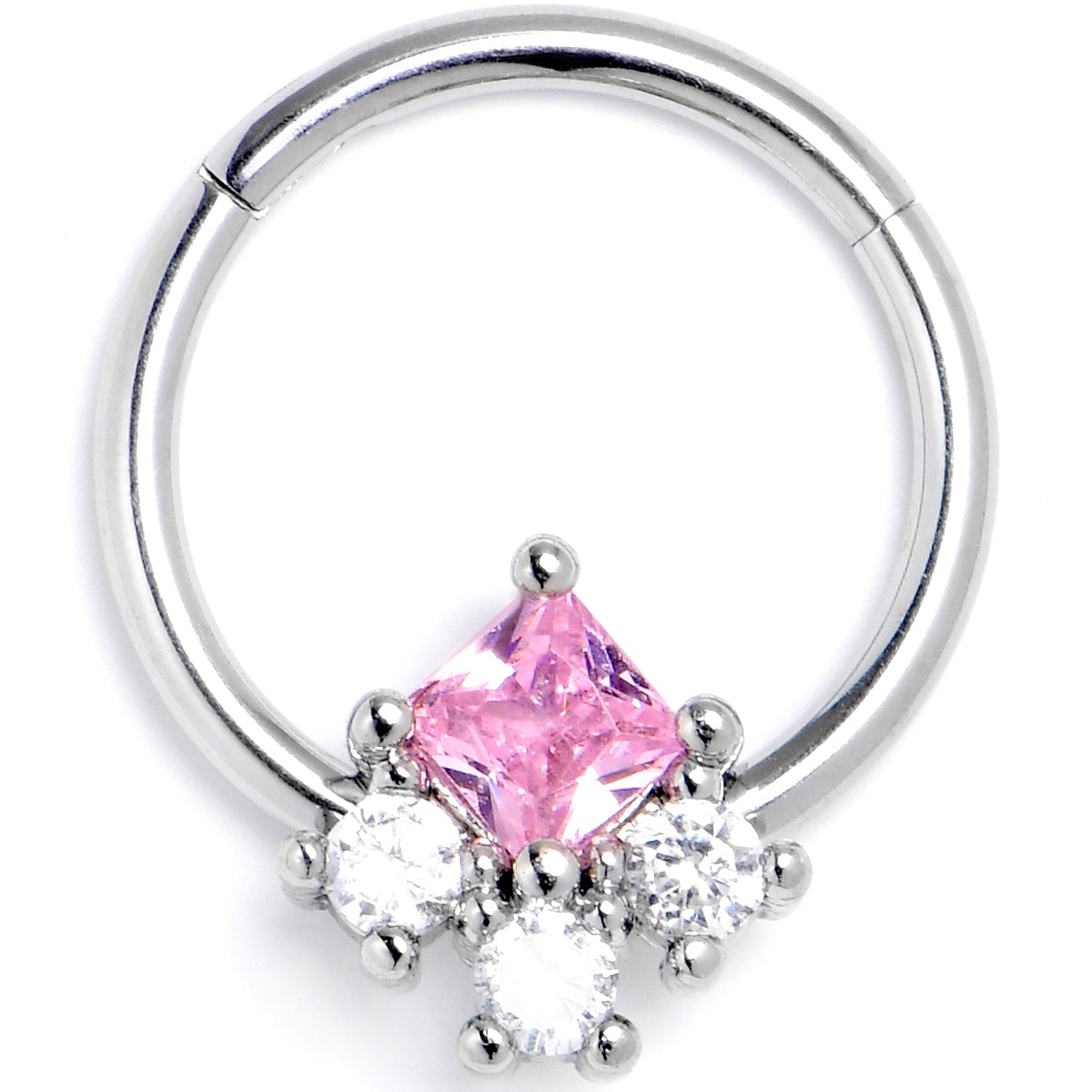 16G 3/8 Pink Clear CZ Gem Rhombus Riot Hinged Segment Ring