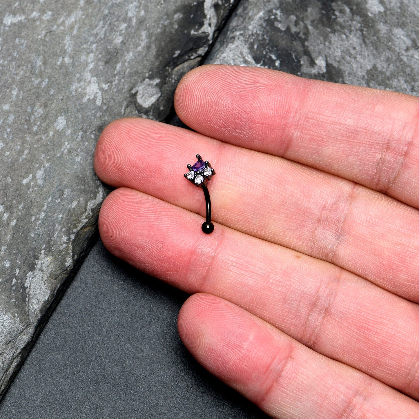 16G 5/15 Clear Purple CZ Gem Black Rhombus Riot Curved Eyebrow Ring