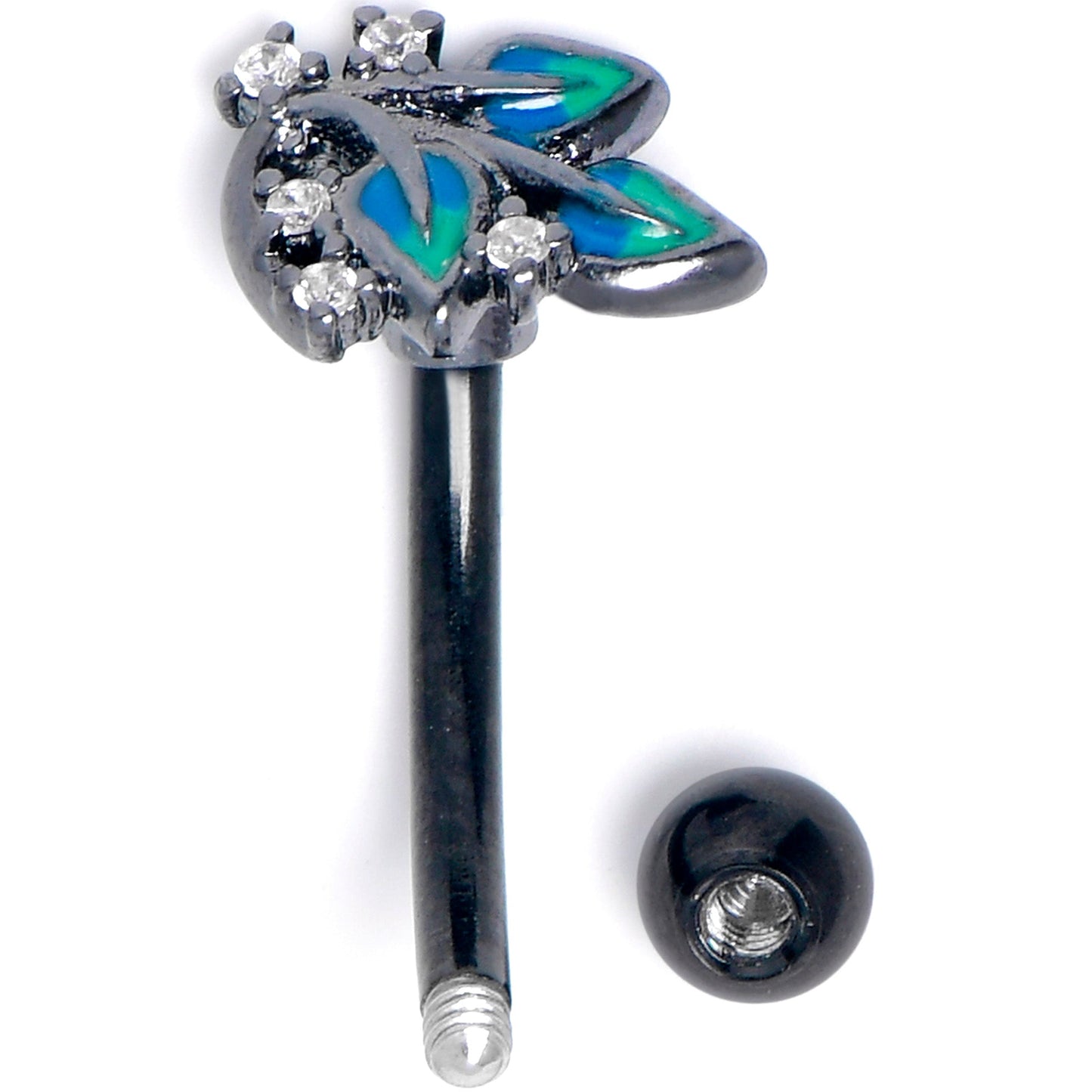 16G 5/16 Clear CZ Gem Black Lush Leaves Curved Eyebrow Ring