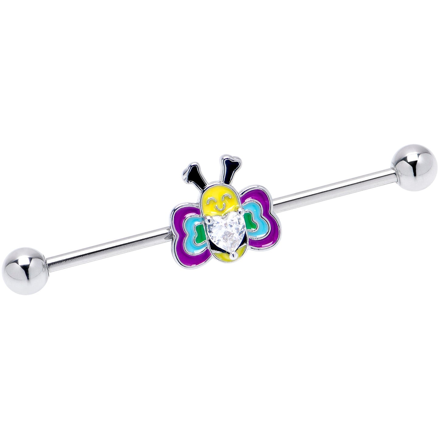 14G Clear CZ Gem Butterfly Love Bug Heart Industrial Barbell 38mm