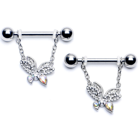 14G 9/16 Aurora CZ  Gem Ultra Drama Butterfly Dangle Nipple Ring Set