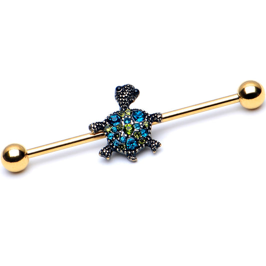 14G Blue Gem Gold Tone Sweet Sea Turtle Industrial Barbell 38mm