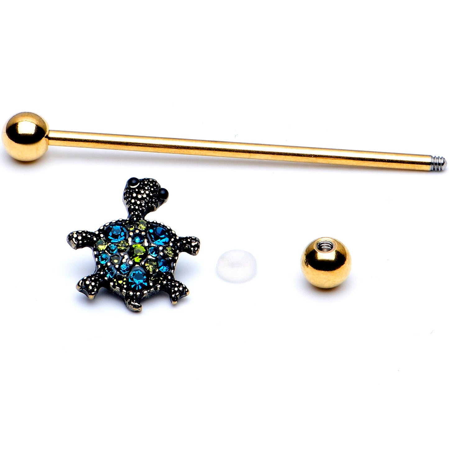 14G Blue Gem Gold Tone Sweet Sea Turtle Industrial Barbell 38mm