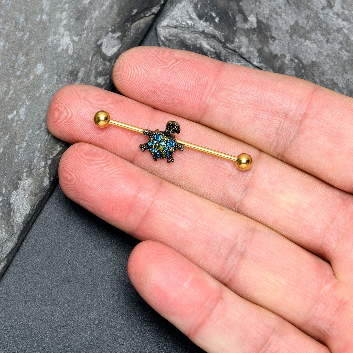 14G Blue Gem Gold Tone Sweet Sea Turtle Industrial Barbell 38mm