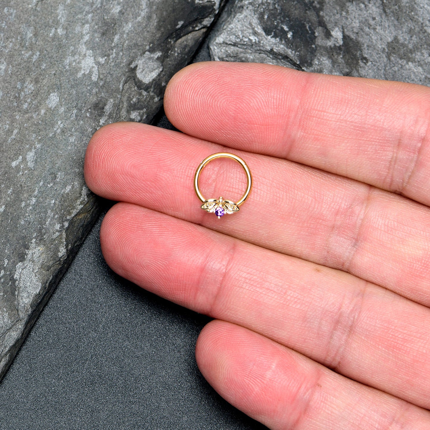 16G 3/8 Purple Gem Gold Tone Beauty Bug Hinged Segment Ring