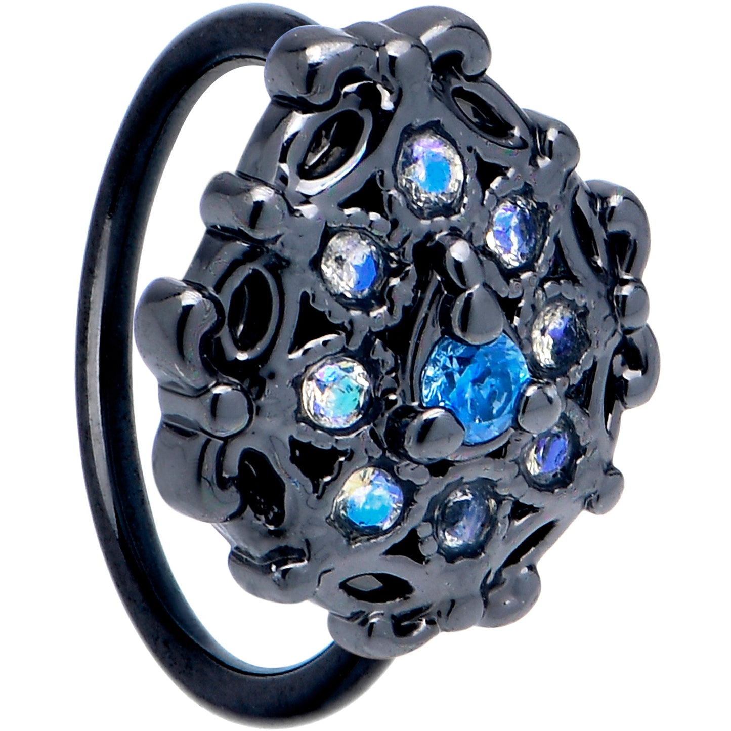 20G 5/16 Blue Aurora Gem Black Night Blossom Nose Hoop