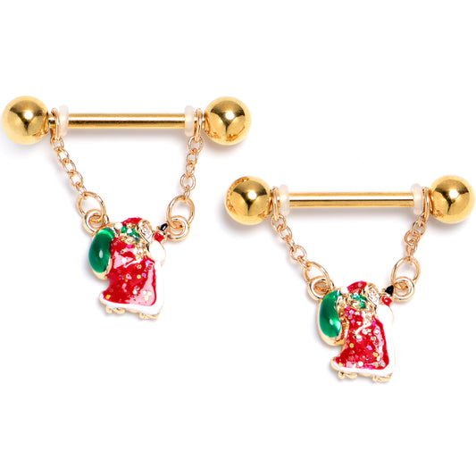 14G 9/16 Gold Tone Glitter Santa Red Dangle Nipple Ring Set