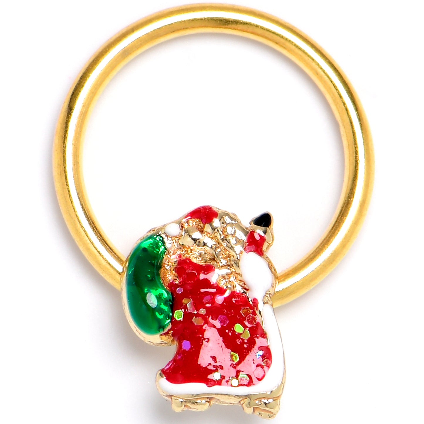 16G 3/8 Gold Tone Glitter Santa Red Christmas BCR Captive Ring