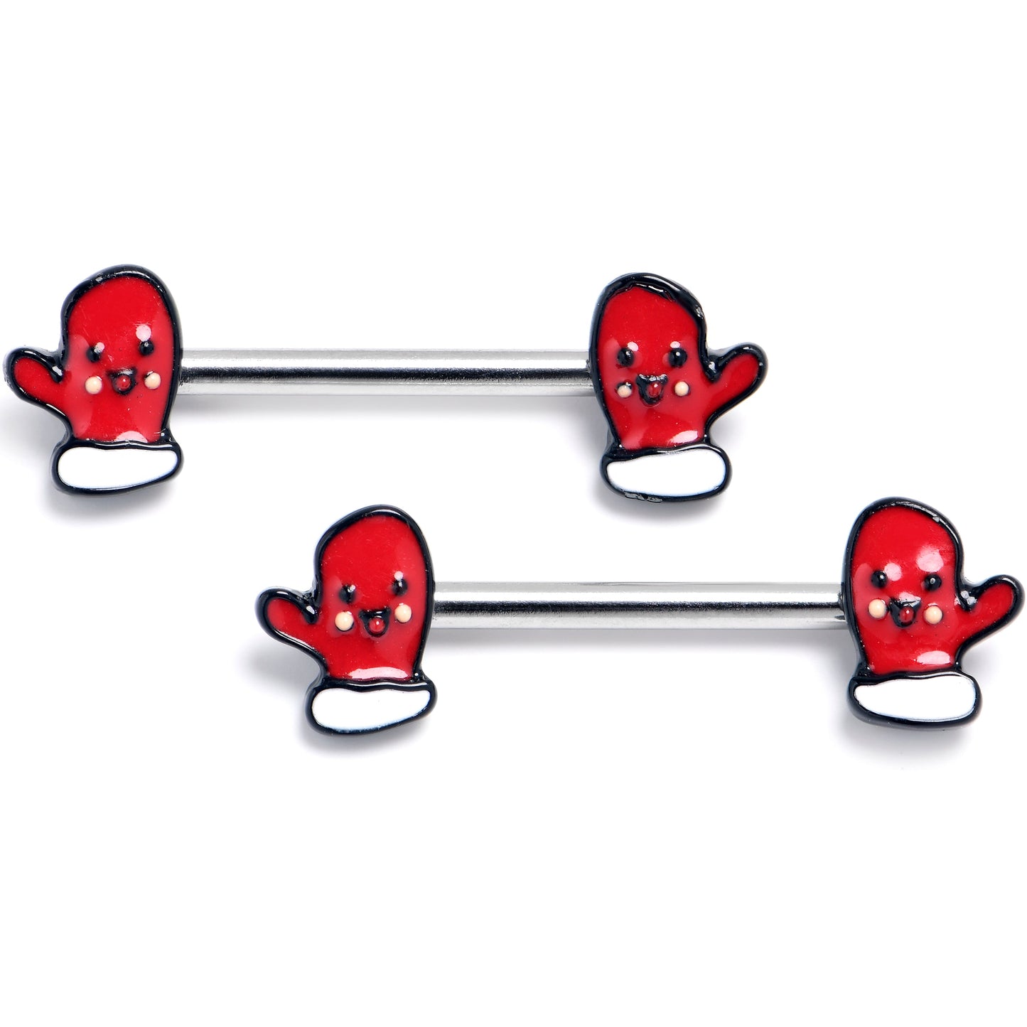 14G 9/16 Winter Mitten Red White Barbell Nipple Ring Set