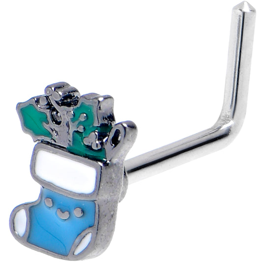 20G 7mm Festive Blue Christmas Stocking L Shape Nose Ring